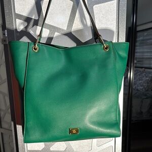 Ralph Lauren Double RL Green Leather Tote with Structured Design